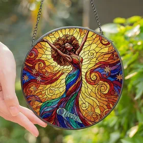 Women's Vibrant Tiffany Style Stained Glass African American Woman Afro Dance Mosaic Art Stained Glass Suncatcher