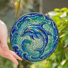 Ocean Lovers' Tiffany Style Vibrant Jewel Tone Stained Glass Leaping Dolphin Mosaic Ocean Waves Art Stained Glass Suncatcher
