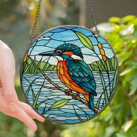 Art Enthusiasts' Tiffany Style Stained Glass Kingfisher Teal Orange Lime Green Mosaic Pattern Stained Glass Suncatcher