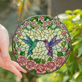 Nature Lovers' Luminous Tiffany Style Stained Glass Hummingbirds Pink Roses Mosaic Stained Glass Suncatcher