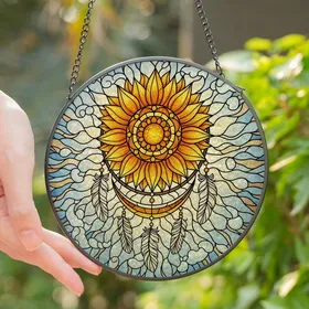Boho Style Enthusiasts' Luminous Tiffany Glass Dreamcatcher Sunflower Amber Pearl Feather Mosaic Stained Glass Suncatcher