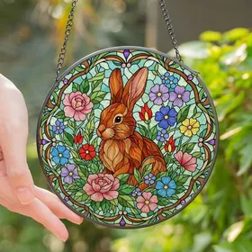 Nature Lovers' Fluffy Brown Rabbit & Jewel Tone Stained Glass Wildflower Mosaic Stained Glass Suncatcher