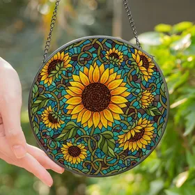 Nature Art Lovers' Intricate Stained Glass Sunflower Mosaic Yellow, Green, Amber, Teal Hues Stained Glass Suncatcher