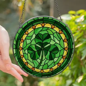 Stained Glass Art Lovers' Intricate Tiffany Shamrock Mosaic Emerald Green & Golden Yellow Design Stained Glass Suncatcher