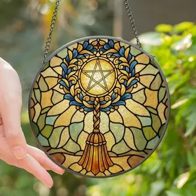 Unique Style Seekers' Luminous Tiffany Glass Golden Star Medallion Blue Teal Amber Mosaic Stained Glass Suncatcher