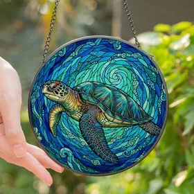Ocean Lovers' Majestic Sea Turtle Jewel Tone Stained Glass Deep Ocean Mosaic Art Stained Glass Suncatcher