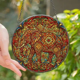 Elephant Art Lovers' Vibrant Tiffany Style Stained Glass Elephant Floral Mosaic Jewel Tones Stained Glass Suncatcher