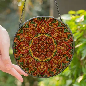 Art Enthusiasts' Tiffany Style Stained Glass Sunflower Mandala Mosaic in Golden Yellow, Burnt Orange, Forest Green Stained Glass Suncatcher