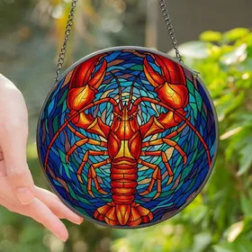 Coastal Enthusiasts' Vibrant Jewel Tone Tiffany Stained Glass Lobster Mosaic with Bold Black Lines Stained Glass Suncatcher