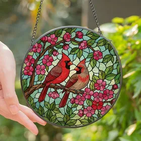 Nature Lovers' Vibrant Tiffany Stained Glass Cardinal Pair Blossoming Tree Art Stained Glass Suncatcher