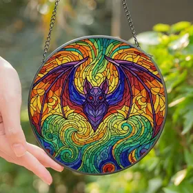 Fantasy Art Lovers' Vibrant Stained Glass Bat Tiffany Style Jewel Tone Abstract Mosaic Pattern Stained Glass Suncatcher
