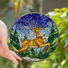Art & Nature Admirers' Tiffany Style Amber Gold Leaping Reindeer Winter Wonderland Mosaic Stained Glass Suncatcher