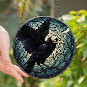 Gothic Art Lovers' Tiffany Stained Glass Raven Skull Teal Black White Twilight Celestial Mosaic Stained Glass Suncatcher