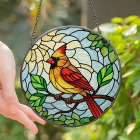 Nature Lovers' Intricate Stained Glass Cardinal Tiffany Art Jewel Tone Mosaic Yellow Red Green Blue Stained Glass Suncatcher