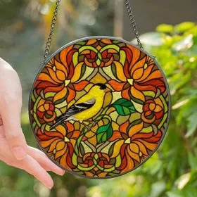 Nature Lovers' Tiffany Style American Goldfinch Vibrant Yellow Orange Green Intricate Floral Stained Glass Stained Glass Suncatcher
