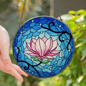 Women's Tiffany Style Pink Magnolia Bloom Emerald Green Fuchsia Art Nouveau Mosaic Stained Glass Suncatcher