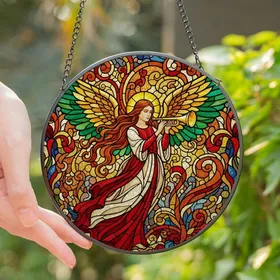 Art Lovers' Detailed Stained Glass Angel Trumpeter Tiffany Style Jewel Tone Red Green Gold Mosaic Stained Glass Suncatcher