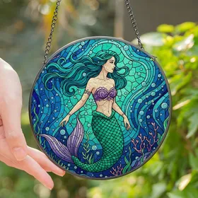 Fantasy Art Lovers' Stained Glass Mermaid Deep Sea Teal Blue Purple Emerald Jewel Tones Stained Glass Suncatcher