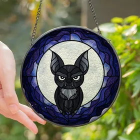 Fantasy Art Lovers' Grumpy Cartoon Bat Tiffany Stained Glass Opalescent Moon Indigo Nebula Mosaic Stained Glass Suncatcher