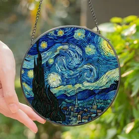Celestial Dreamers' High Contrast Tiffany Stained Glass Cypress Moon Stars Village Mosaic Deep Blue Yellow Stained Glass Suncatcher