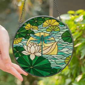 Art Lovers' Tiffany Stained Glass Teal Dragonfly Lotus Emerald Green Peach Mosaic Design Stained Glass Suncatcher