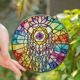 Bohemian Crystal Art Enthusiasts Radiant Amethyst Lotus Suncatcher Tiffany Style Mosaic Stained Glass Suncatcher