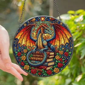 Dragon Lovers' Tiffany Style Cobalt Blue Dragon, Books, Celestial Stained Glass Mosaic Stained Glass Suncatcher
