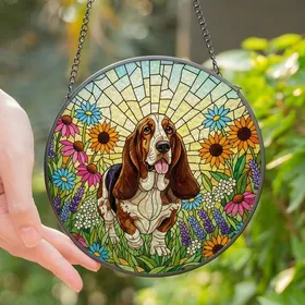 Dog Lovers' Vibrant Tiffany Stained Glass Basset Hound Wildflower Meadow Mosaic Stained Glass Suncatcher