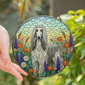 Afghan Hound Lovers' Majestic Tiffany Stained Glass Wildflower Meadow Jewel Tones Stained Glass Suncatcher