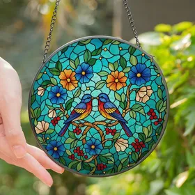 Nature Lovers' Vibrant Tiffany Stained Glass Songbirds & Floral Mosaic Art: Blue, Red, Green Jewel Tones Stained Glass Suncatcher