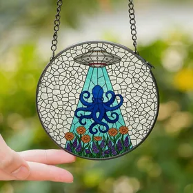Fantasy Art Lovers' Blue Octopus UFO Wildflower Fractured Stained Glass Mosaic Stained Glass Suncatcher