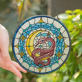 Celestial Style Seekers' Jewel Tone Stained Glass Pink Snake Golden Moon Teal Stars Celestial Art Stained Glass Suncatcher