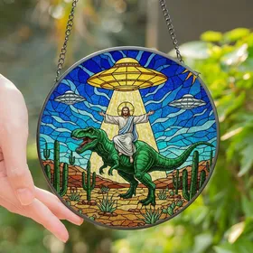 Eclectic Art Enthusiasts Vibrant Stained Glass Jesus T-Rex UFO Desert Mosaic With Blue Green Hues Stained Glass Suncatcher