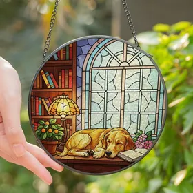 Dog Lovers' Intricate Golden Retriever Sleeping Stained Glass Cozy Book Nook Jewel Tone Art Stained Glass Suncatcher