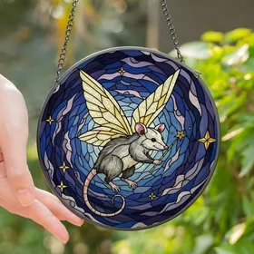 Whimsical Art Lovers' Flying Possum Fairy Stained Glass Celestial Mosaic in Black Grey Pink Yellow Stained Glass Suncatcher