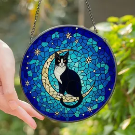 Cat Lovers' Tiffany Style Stained Glass Tuxedo Cat Crescent Moon Celestial Mosaic Deep Blue Teal Gold Jewel Tones Stained Glass Suncatcher