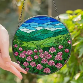 Art Lovers' Tiffany Stained Glass Pink Rhododendron & Verdant Mountains Blue Sky Pattern Stained Glass Suncatcher