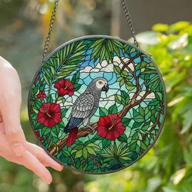 Bird Lovers' Vivid Tiffany Style African Grey Parrot Perched Tropical Jewel Tone Stained Glass Art Stained Glass Suncatcher