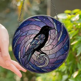 Mystic Art Lovers' Stained Glass Raven Galaxy Mosaic Iridescent Lavender Blue Pink Stained Glass Suncatcher