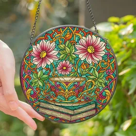 Art & Book Lovers' Vibrant Tiffany Stained Glass Teacup Books Floral Mosaic Design Stained Glass Suncatcher