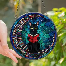 Literary Cat Lovers Tiffany Stained Glass Black Cat Reading Book Celestial Mosaic Art Black Red Blue Purple Stained Glass Suncatcher