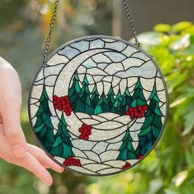 Art Enthusiasts' Stained Glass Winter Forest Crescent Moon, Tiffany Style Emerald Ruby Snowdrift, Iridescent Blue Sky Mosaic Stained Glass Suncatcher