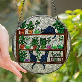 Cat & Plant Lovers Tiffany Style Stained Glass Black Cats Botanical Beakers Jewel Tone Mosaic Design Stained Glass Suncatcher