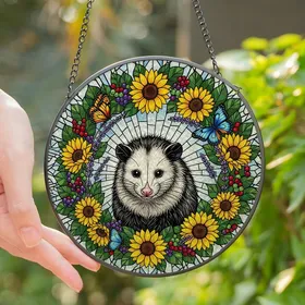 Wildlife Lovers' Fluffy Opossum Tiffany Stained Glass Art with Jewel Tone Floral Wreath Mosaic Stained Glass Suncatcher