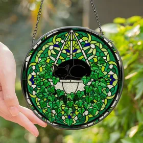 Cat Lovers' Tiffany Stained Glass Black Cat Emerald Green Ivy Sapphire Mosaic Stained Glass Suncatcher