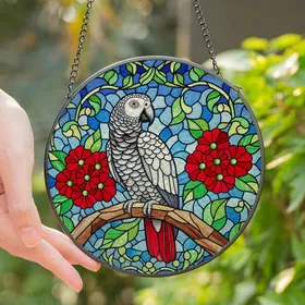 Art Lovers' Iridescent Stained Glass African Grey Parrot Tiffany Style Jewel Tone Mosaic Stained Glass Suncatcher