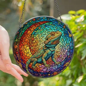 Reptile Admirers' Tiffany Stained Glass Bearded Dragon Cosmic Moon Mosaic Jewel Tones Art Stained Glass Suncatcher