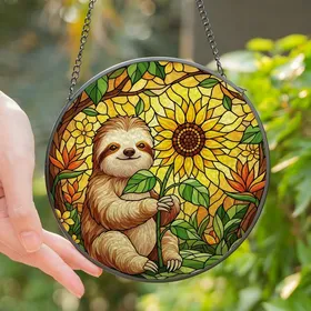 Nature Lovers' Tiffany Style Stained Glass Baby Sloth Sunflower Tropical Emerald Green Yellow Mosaic Stained Glass Suncatcher