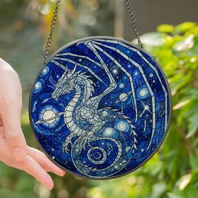 Fantasy Lovers' Majestic Stained Glass Dragon Cosmic Mosaic Blue Black Silver Jewel Tone Art Stained Glass Suncatcher