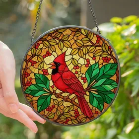 Nature Lovers' Vibrant Red Cardinal Tiffany Stained Glass Art Intricate Jewel Tone Mosaic Stained Glass Suncatcher